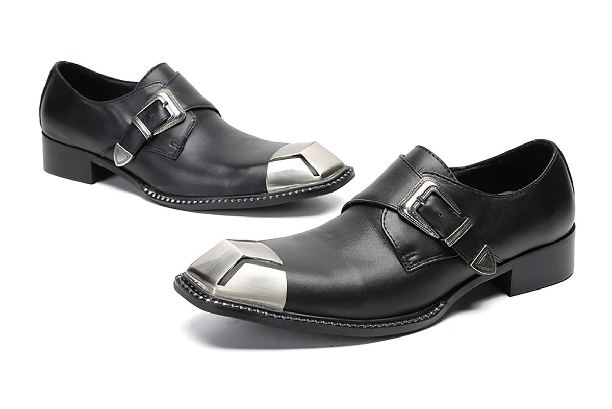 Mens Genunie Leather Buckle Metal Square Toe Western Loafers