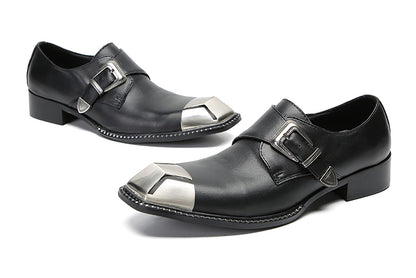 Mens Genunie Leather Buckle Metal Square Toe Western Loafers
