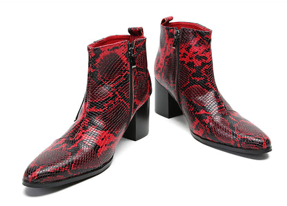 Mens Genuine Leather Casual Dress Snakeskin Texture Zipper Heel Ankle Boots