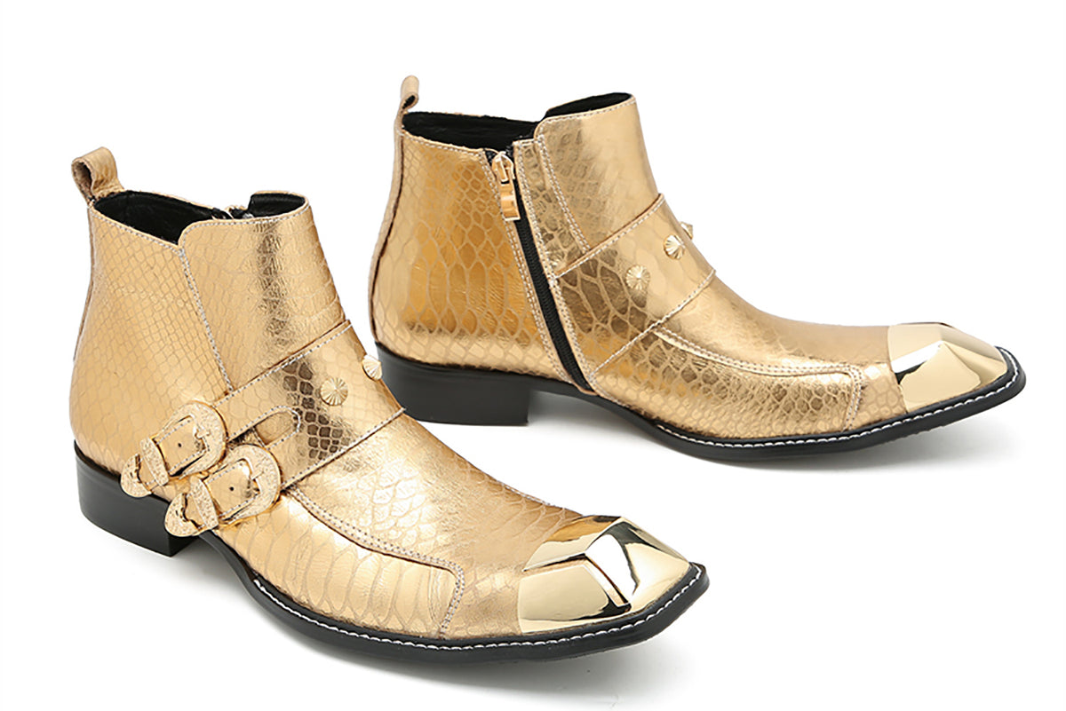 Mens Genunie Leather Metal Square Toe Buckles Zipper Ankle Western Boots