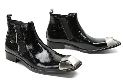 Mens Genunie Leather Black Dress Leather Metal Square Toe Ankle Western Chelsea Boots