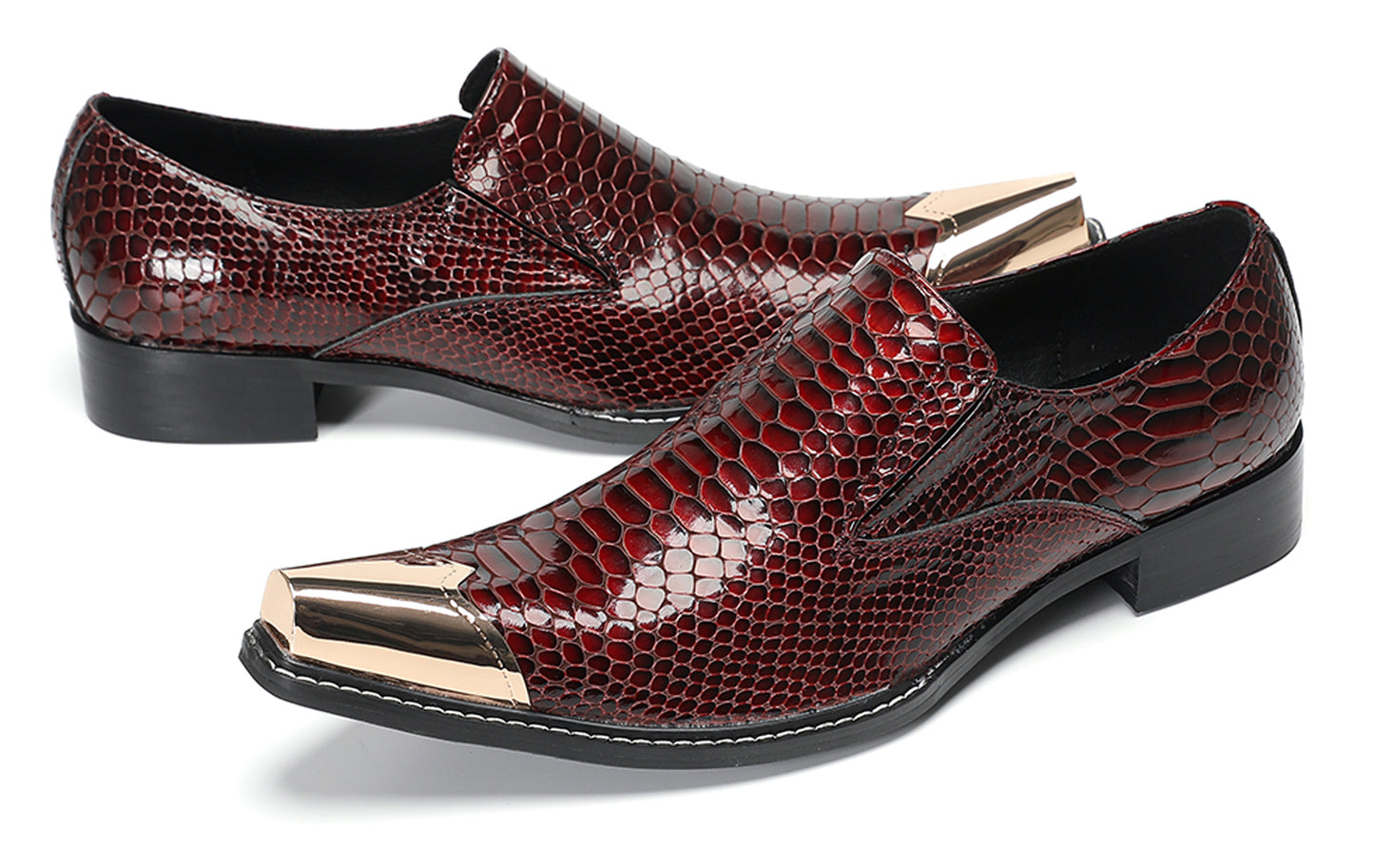 Mens Burgundy Snake-Print Patent Metal Toe-Cap Western Loafers