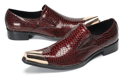 Mens Burgundy Snake-Print Patent Metal Toe-Cap Western Loafers