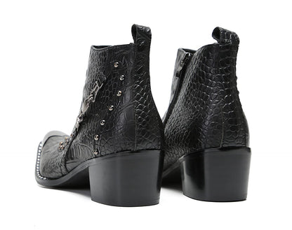 Mens Genunie Leather Zipper Chain Metal Square Toe Ankle Western Boots