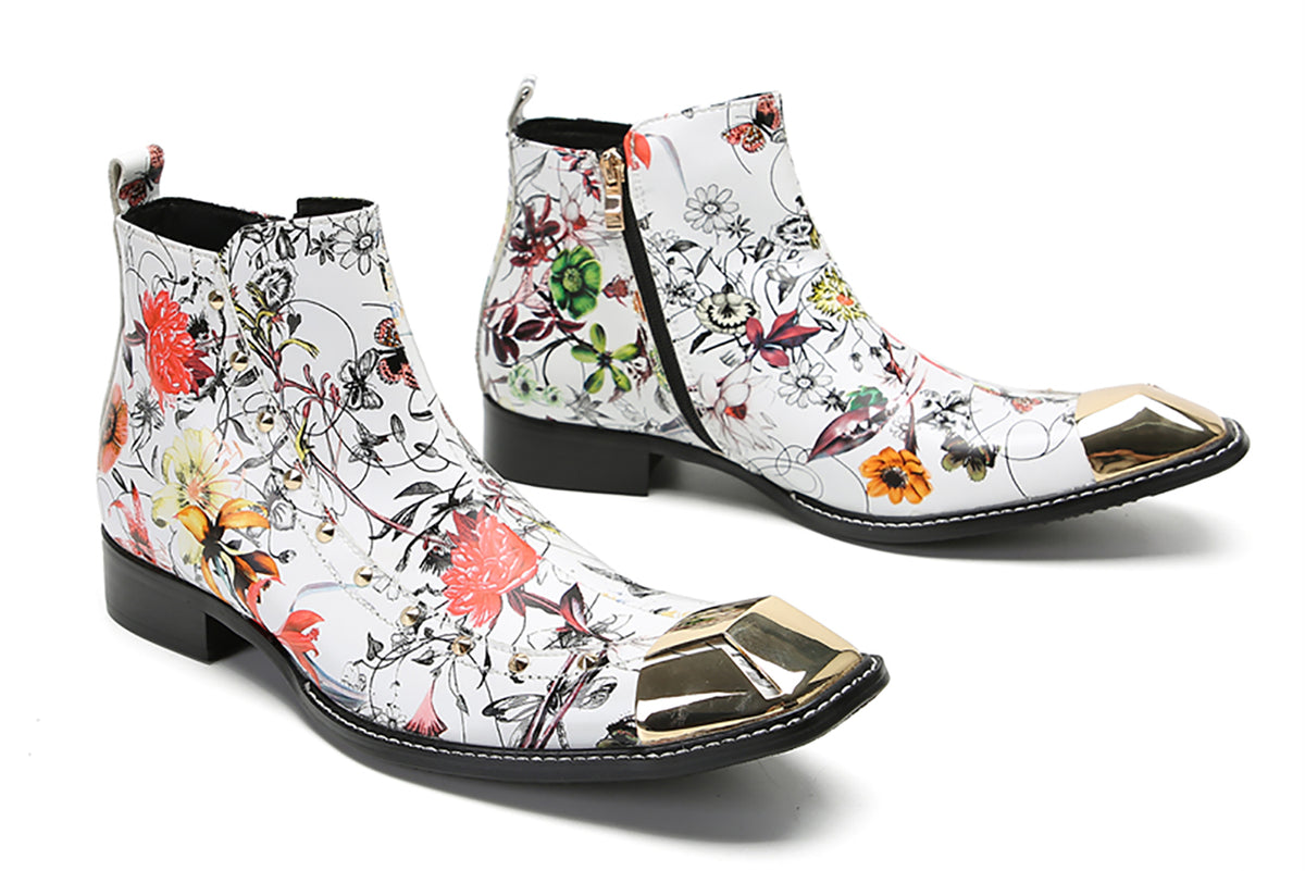 Mens Genunie Leather Metal Square Toe Flowers Graffiti Zipper Ankle Western Chelsea Boots