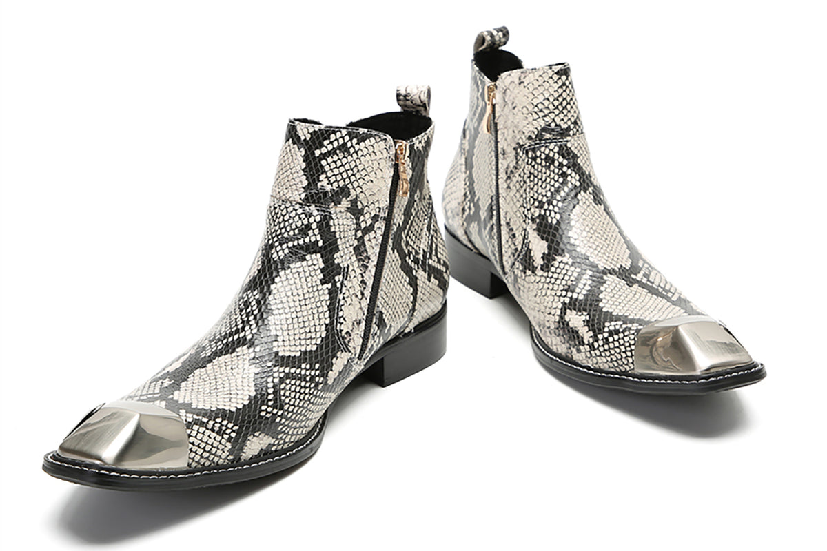 Mens Genunie Leather Metal Square Toe Double Zip Ankle Western Boots