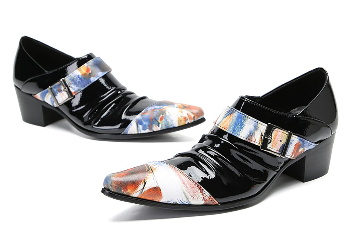 Mens Genunie Leather Casual Dress Slip On Buckle Two Tone Heel Loafers