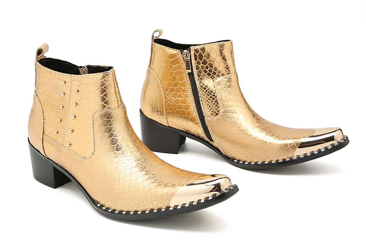 Mens Genuine Leather Beaded Zipper Metal Square Toe Ankle Western Boots