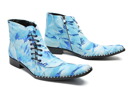 Mens Genuine Leather Casual Party Blue Dress Slanted Shoelaces Ankle Boots