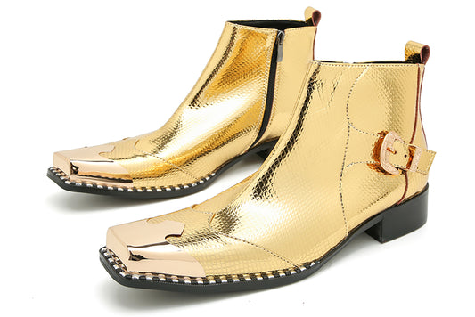 Mens Genuine Leather Gold Dress Metal Square Toe Ankle Western Boots