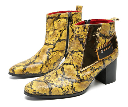 Mens Genuine Leather Casual Dress Snakeskin Texture Zipper Heel Ankle Boots