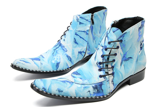 Mens Genuine Leather Casual Party Blue Dress Slanted Shoelaces Ankle Boots