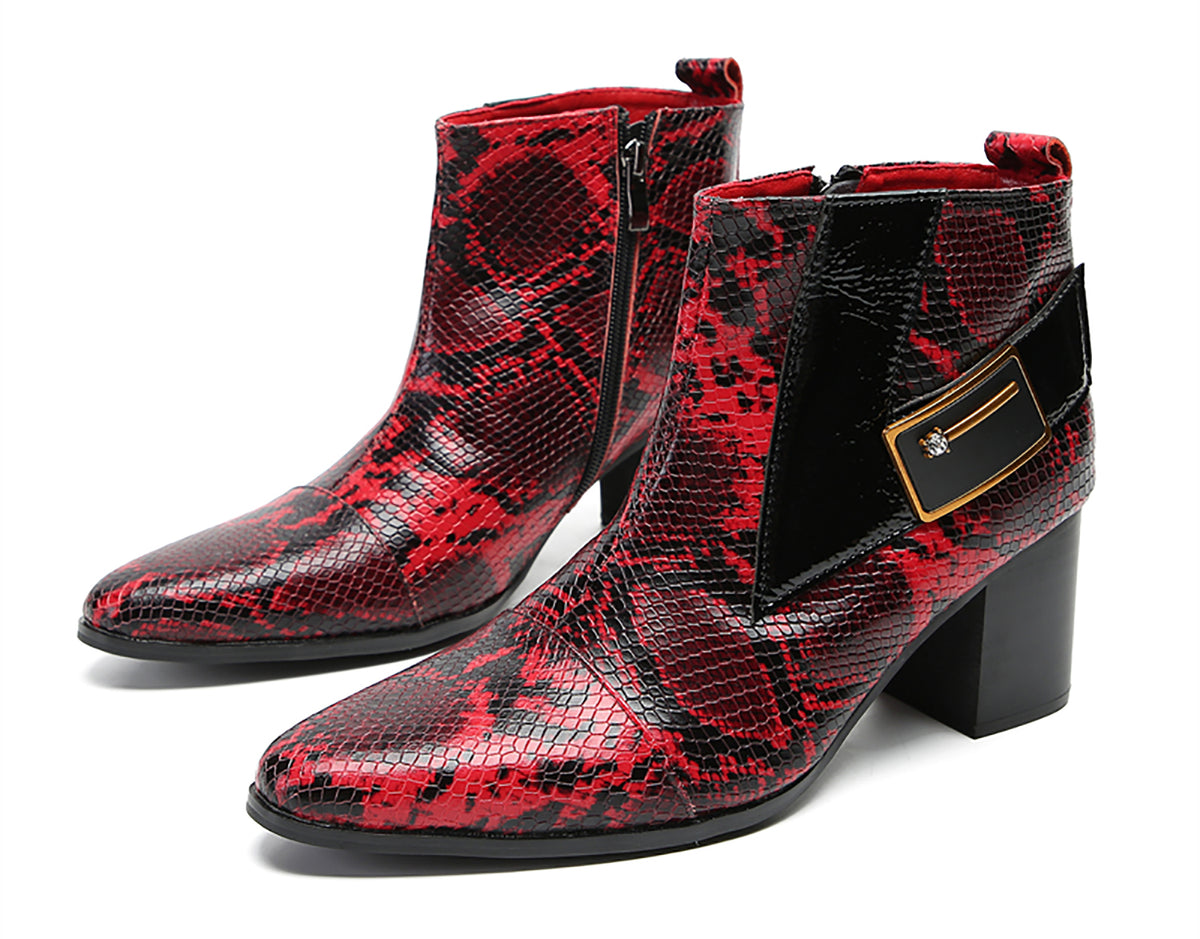 Mens Genuine Leather Casual Dress Snakeskin Texture Zipper Heel Ankle Boots