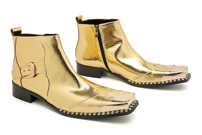 Mens Genuine Leather Gold Dress Metal Square Toe Ankle Western Boots