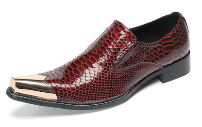 Mens Burgundy Snake-Print Patent Metal Toe-Cap Western Loafers