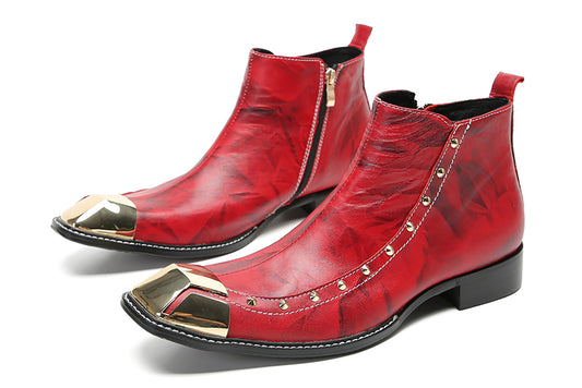 Mens Genunie Leather Red Dress Metal Square Toe Ankle Western Boots