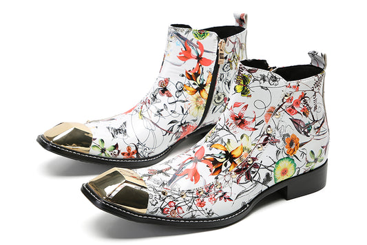 Mens Genunie Leather Metal Square Toe Flowers Graffiti Zipper Ankle Western Chelsea Boots
