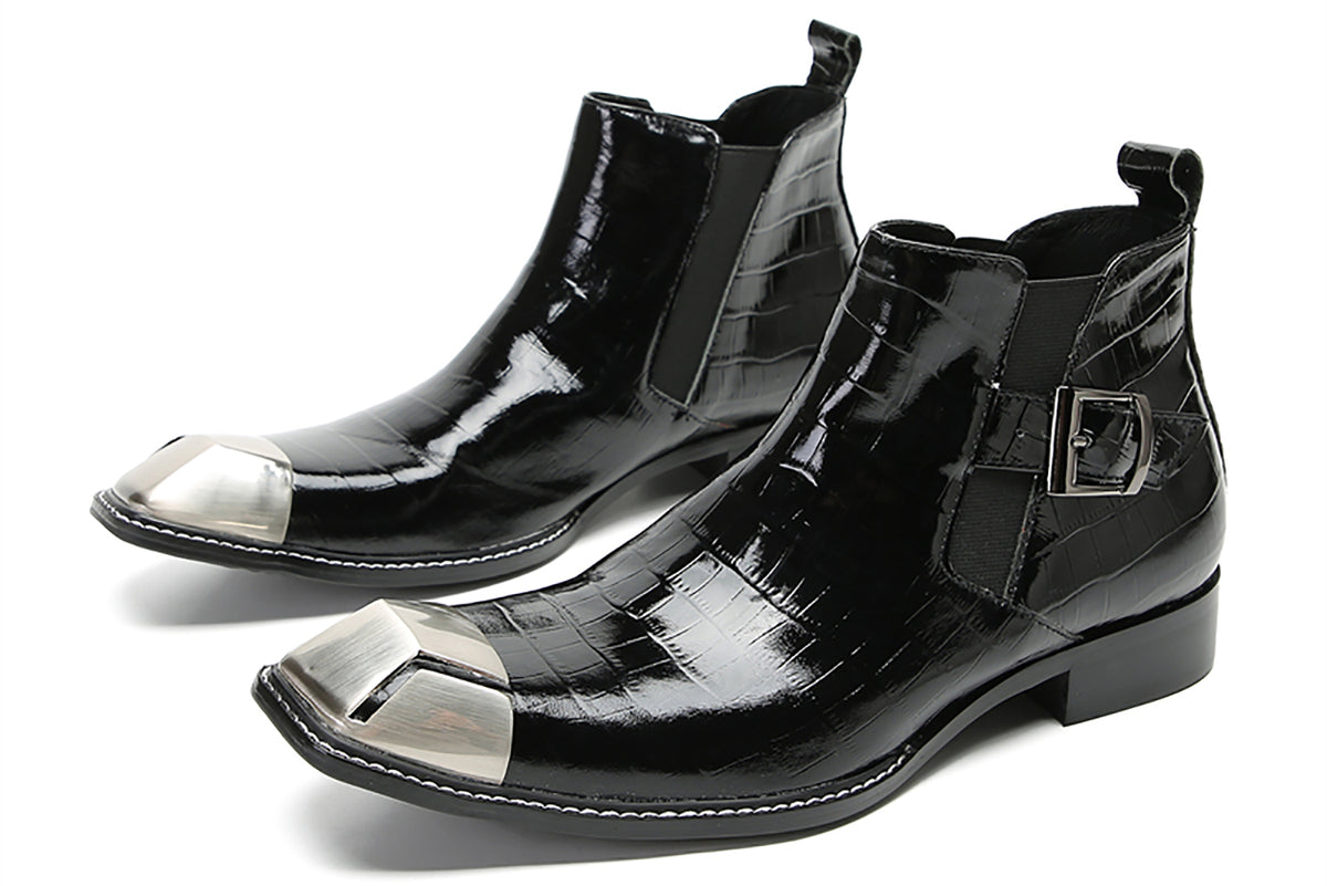 Mens Genunie Leather Black Dress Leather Metal Square Toe Ankle Western Chelsea Boots
