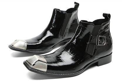Mens Genunie Leather Black Dress Leather Metal Square Toe Ankle Western Chelsea Boots