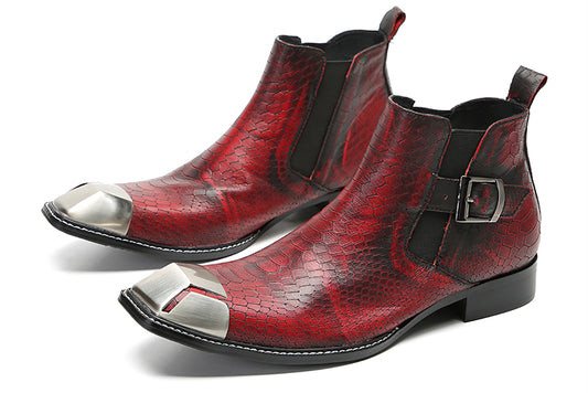 Mens Genunie Leather Metal Square Toe Silp On Buckles Western Chelsea Boots