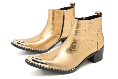 Mens Genuine Leather Beaded Zipper Metal Square Toe Ankle Western Boots
