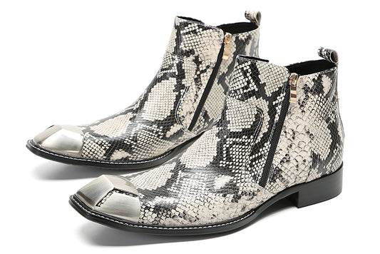Mens Genunie Leather Metal Square Toe Double Zip Ankle Western Boots