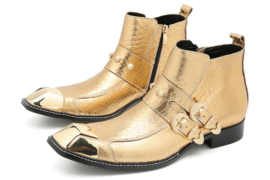 Mens Genunie Leather Metal Square Toe Buckles Zipper Ankle Western Boots