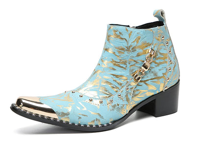 Mens Genunie Leather Zipper Chain Metal Square Toe Ankle Western Boots