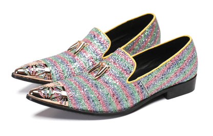 Mens Party Slip On Metal-Tip Toe Prom Glitter Western Loafers