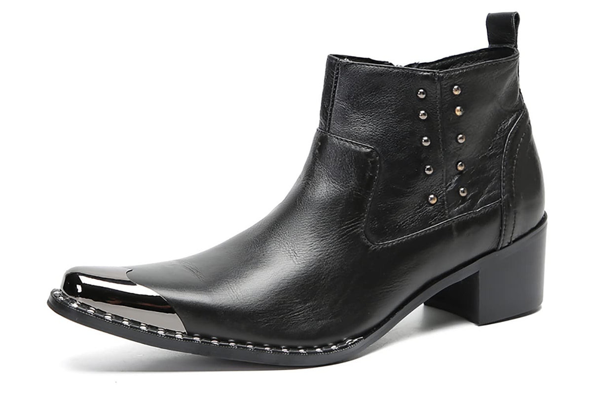Mens Genuine Leather Beaded Zipper Metal Square Toe Ankle Western Boots