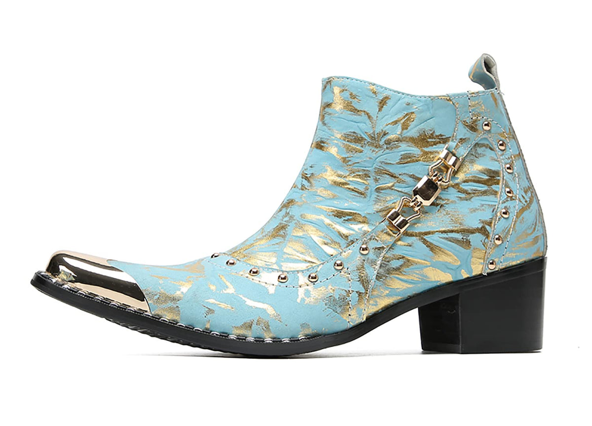Mens Genunie Leather Zipper Chain Metal Square Toe Ankle Western Boots