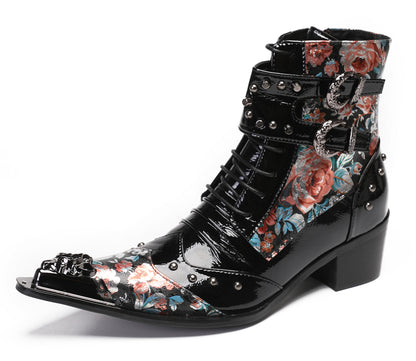 Mens Metal Tip Toe Beaded Hight Top Cowboy Western Boots