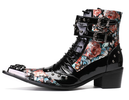 Mens Metal Tip Toe Beaded Hight Top Cowboy Western Boots
