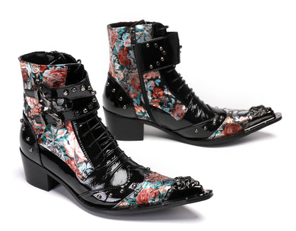 Mens Metal Tip Toe Beaded Hight Top Cowboy Western Boots