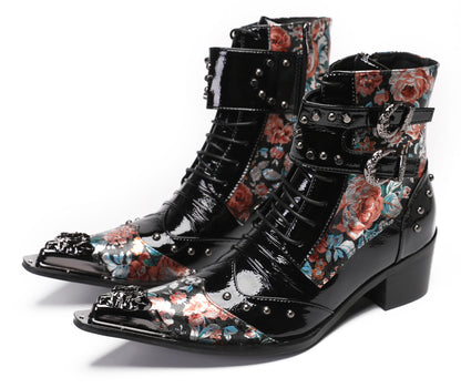 Mens Metal Tip Toe Beaded Hight Top Cowboy Western Boots