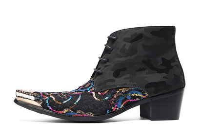 Mens Genunie Leather Black Camouflage Sequin Lace-Up Ankle Western Oxfords Boots