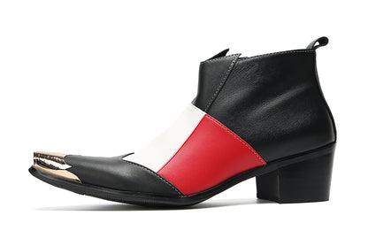 Mens Genunie Leather Metal Toe Zipper Color Blocked Ankle Western Boots