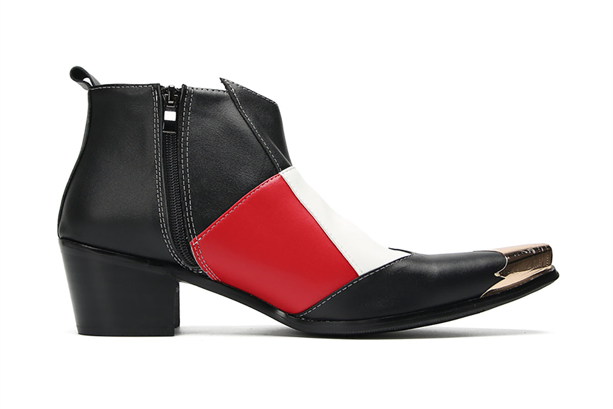 Mens Genunie Leather Metal Toe Zipper Color Blocked Ankle Western Boots