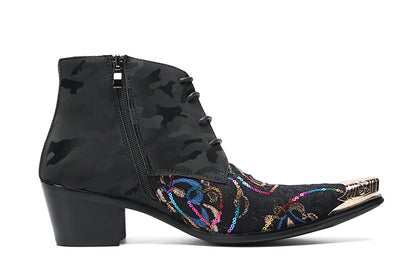Mens Genunie Leather Black Camouflage Sequin Lace-Up Ankle Western Oxfords Boots
