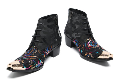 Mens Genunie Leather Black Camouflage Sequin Lace-Up Ankle Western Oxfords Boots