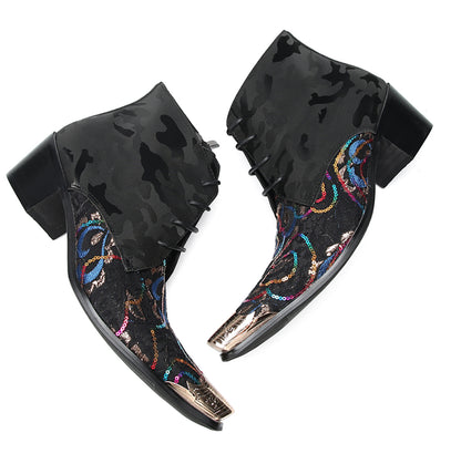 Mens Genunie Leather Black Camouflage Sequin Lace-Up Ankle Western Oxfords Boots
