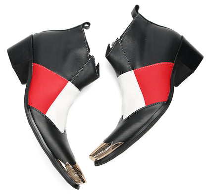 Mens Genunie Leather Metal Toe Zipper Color Blocked Ankle Western Boots