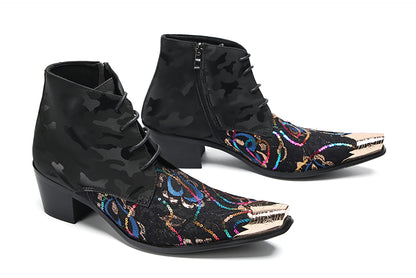 Mens Genunie Leather Black Camouflage Sequin Lace-Up Ankle Western Oxfords Boots