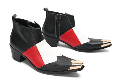 Mens Genunie Leather Metal Toe Zipper Color Blocked Ankle Western Boots