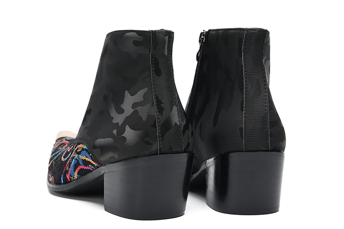Mens Genunie Leather Black Camouflage Sequin Lace-Up Ankle Western Oxfords Boots