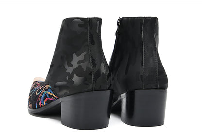 Mens Genunie Leather Black Camouflage Sequin Lace-Up Ankle Western Oxfords Boots