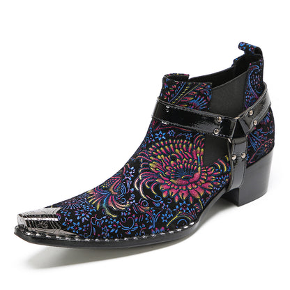 Mens Floral Embroidered & Harness Strap Western Chelsea Boots