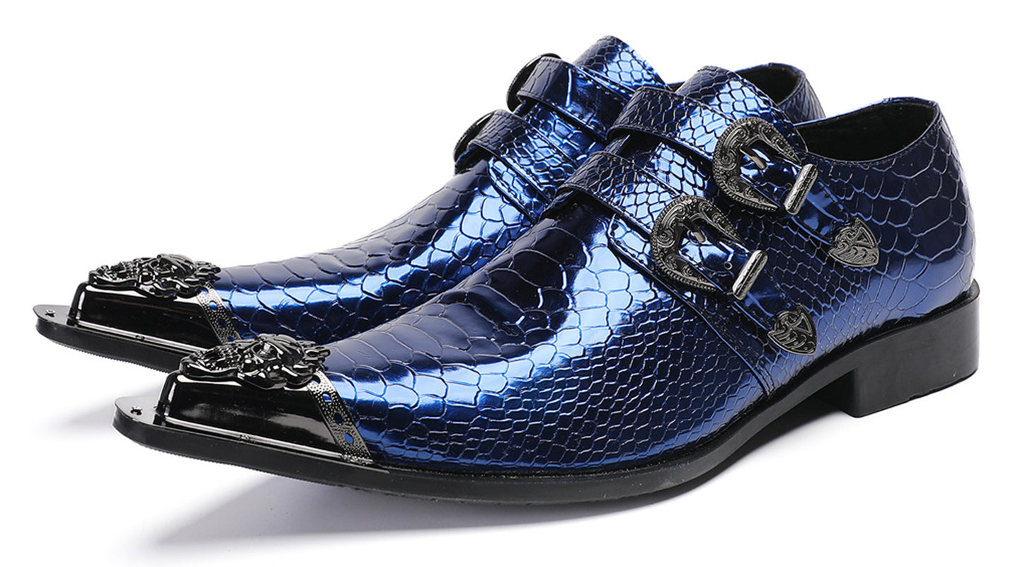 Men Patent Leather Snakeskin Texture Monk Strap Western Loafers