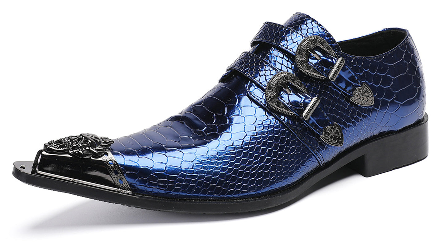Men Patent Leather Snakeskin Texture Monk Strap Western Loafers