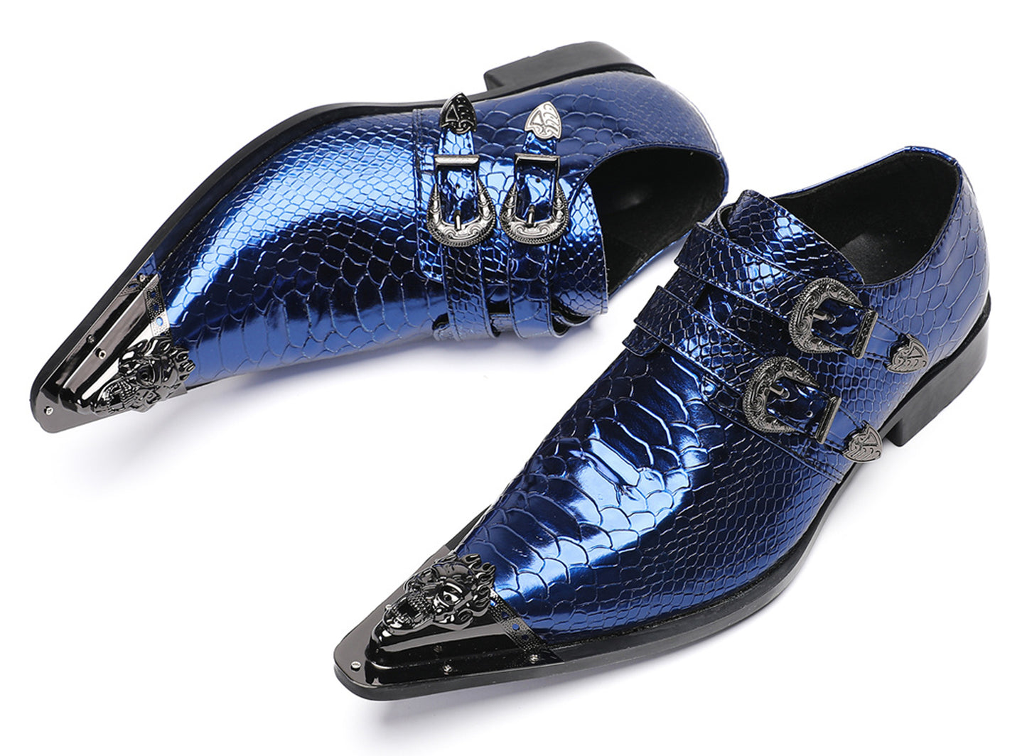 Men Patent Leather Snakeskin Texture Monk Strap Western Loafers